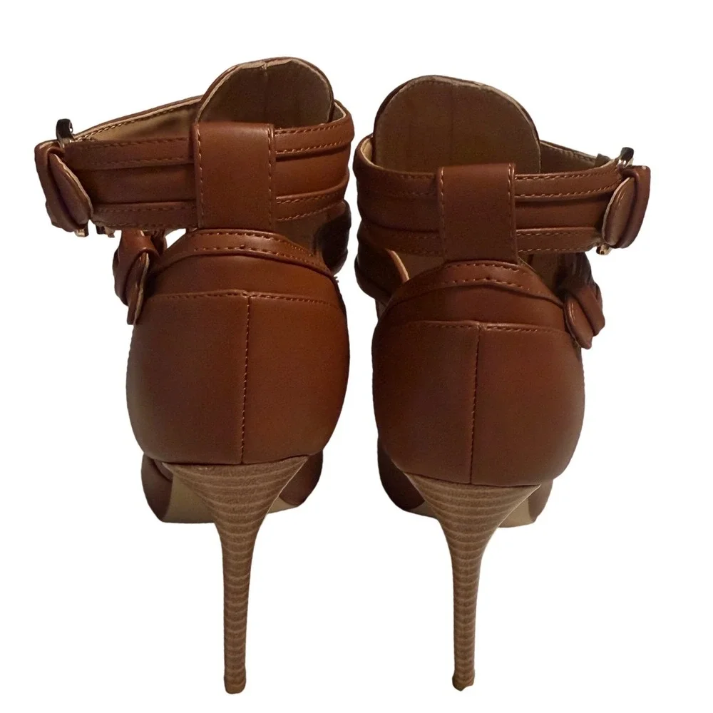 Cognac Brown Peep Toe Stiletto Booties Double Buckle Ankle Strap Cut Out Size 10